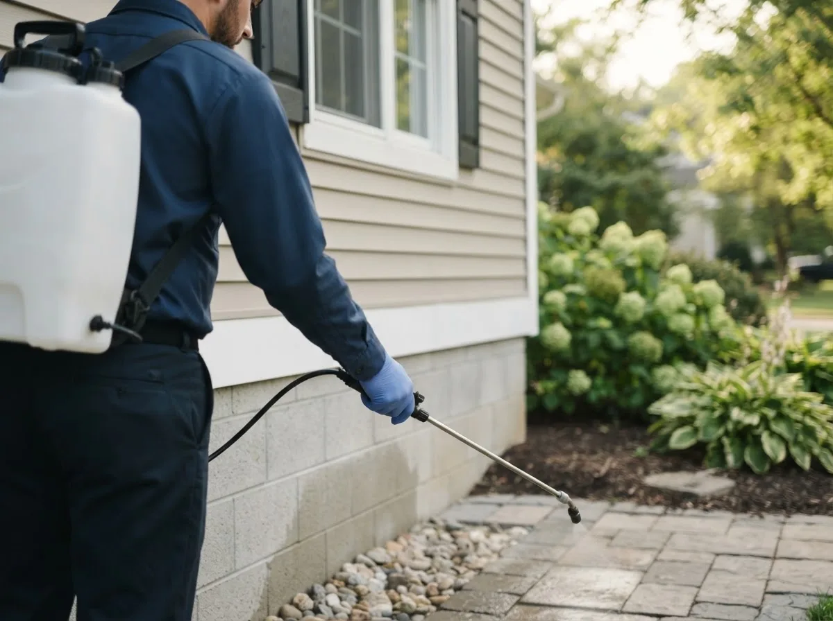 Pest control technician inspecting a home in Roscommon, MI